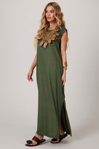 Yacamim C4/5 Dark Green Plain Linen Sleeveless Midi Dress
