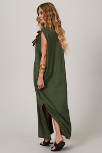 Yacamim C4/5 Dark Green Plain Linen Sleeveless Midi Dress