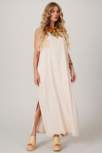 Yacamim E25 Plain Beige Linen Midi Tank Dress