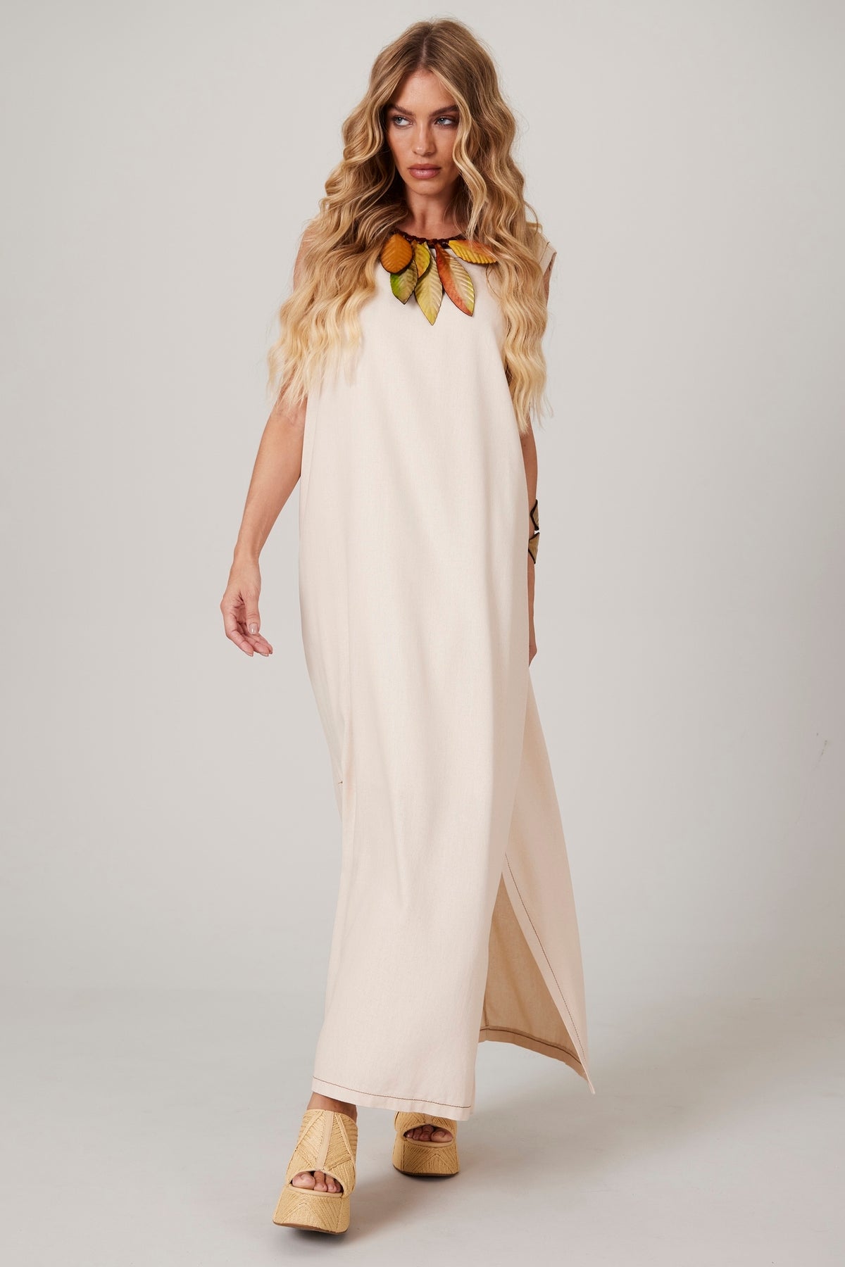 Yacamim E25 Plain Beige Linen Midi Tank Dress
