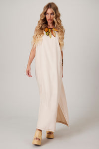 Yacamim E25 Plain Beige Linen Midi Tank Dress