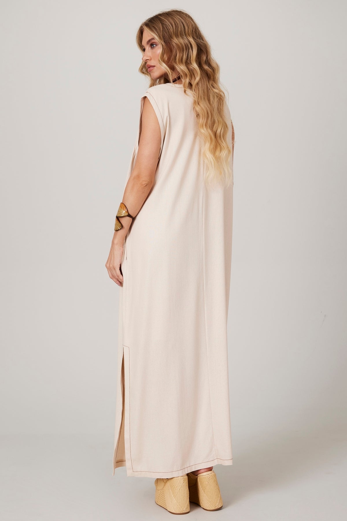 Yacamim E25 Plain Beige Linen Midi Tank Dress
