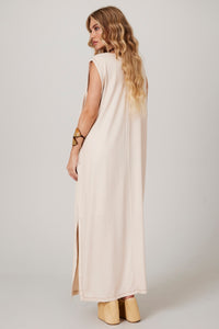 Yacamim E25 Plain Beige Linen Midi Tank Dress