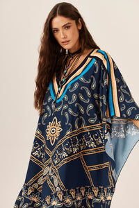 Wide Kaftan with Paisley Blue Yacamim J8 Neckline