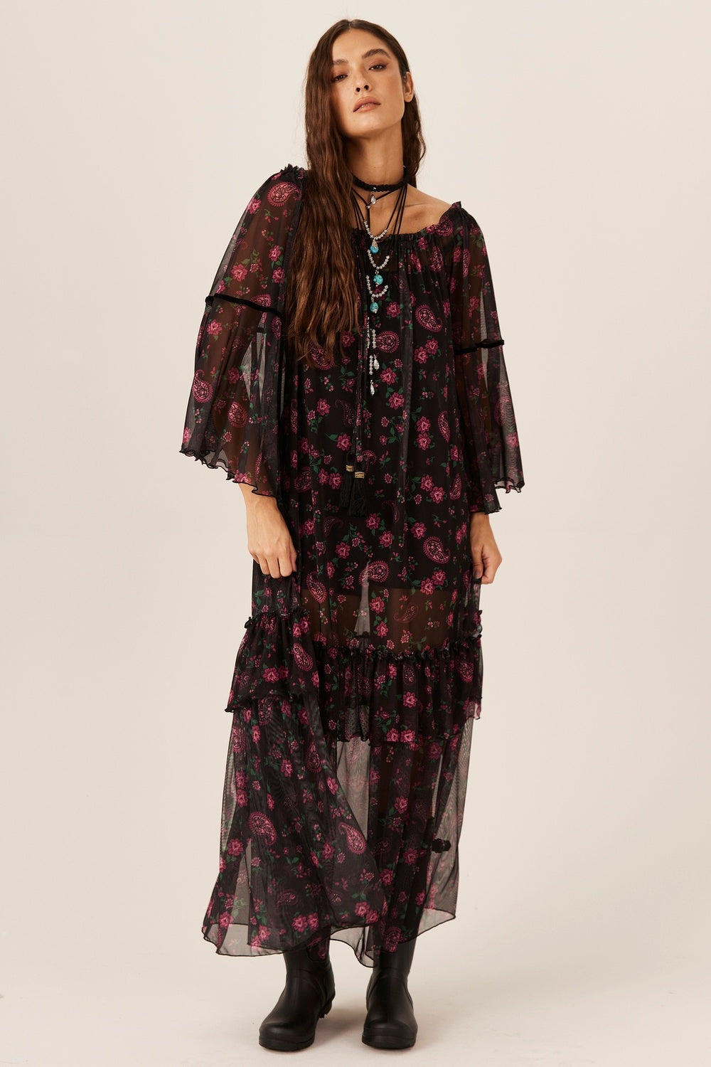 Yacamim E5 Gypsy Long Dress with Paisley Tulle