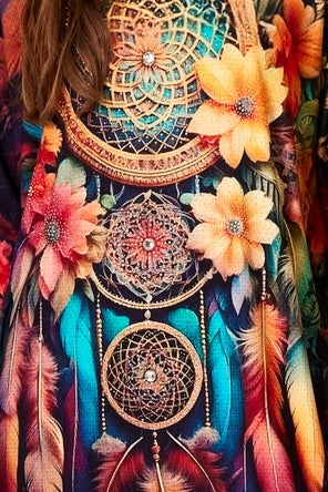 Yacamim B26 Black Ample Kaftan with Dream Catcher Print and Small Stones