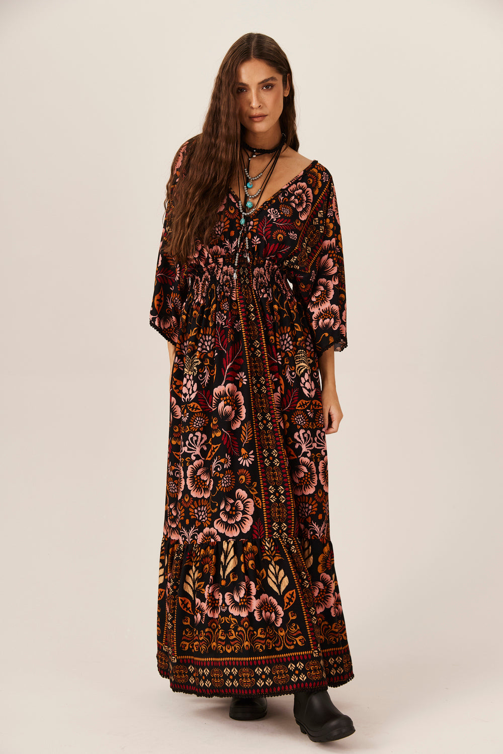 Yacamim C18 Printed Black Shirred Long Dress