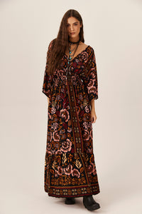Yacamim C18 Printed Black Shirred Long Dress