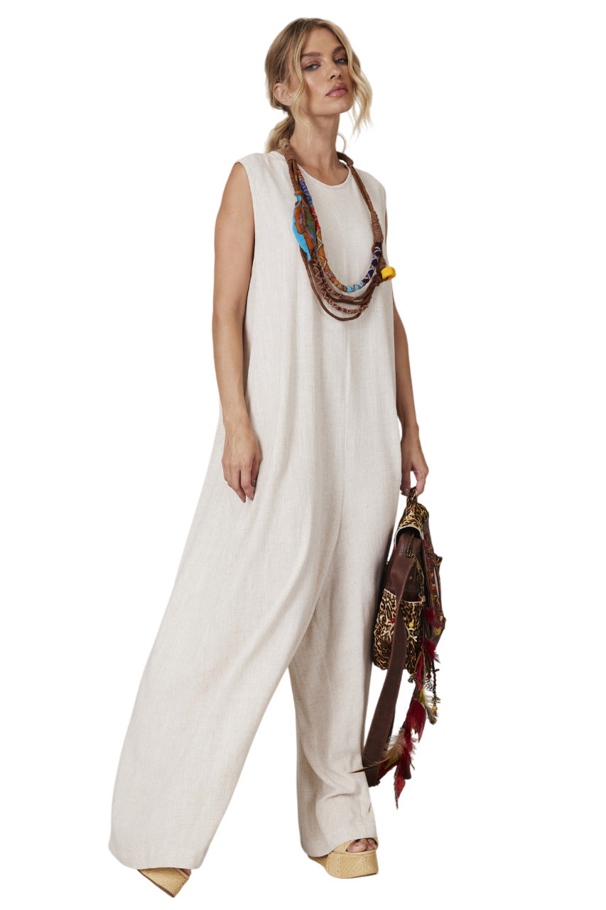 Yacamim Beige Linen Long Jumpsuit