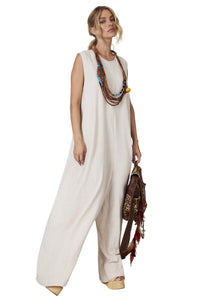 Yacamim Beige Linen Long Jumpsuit