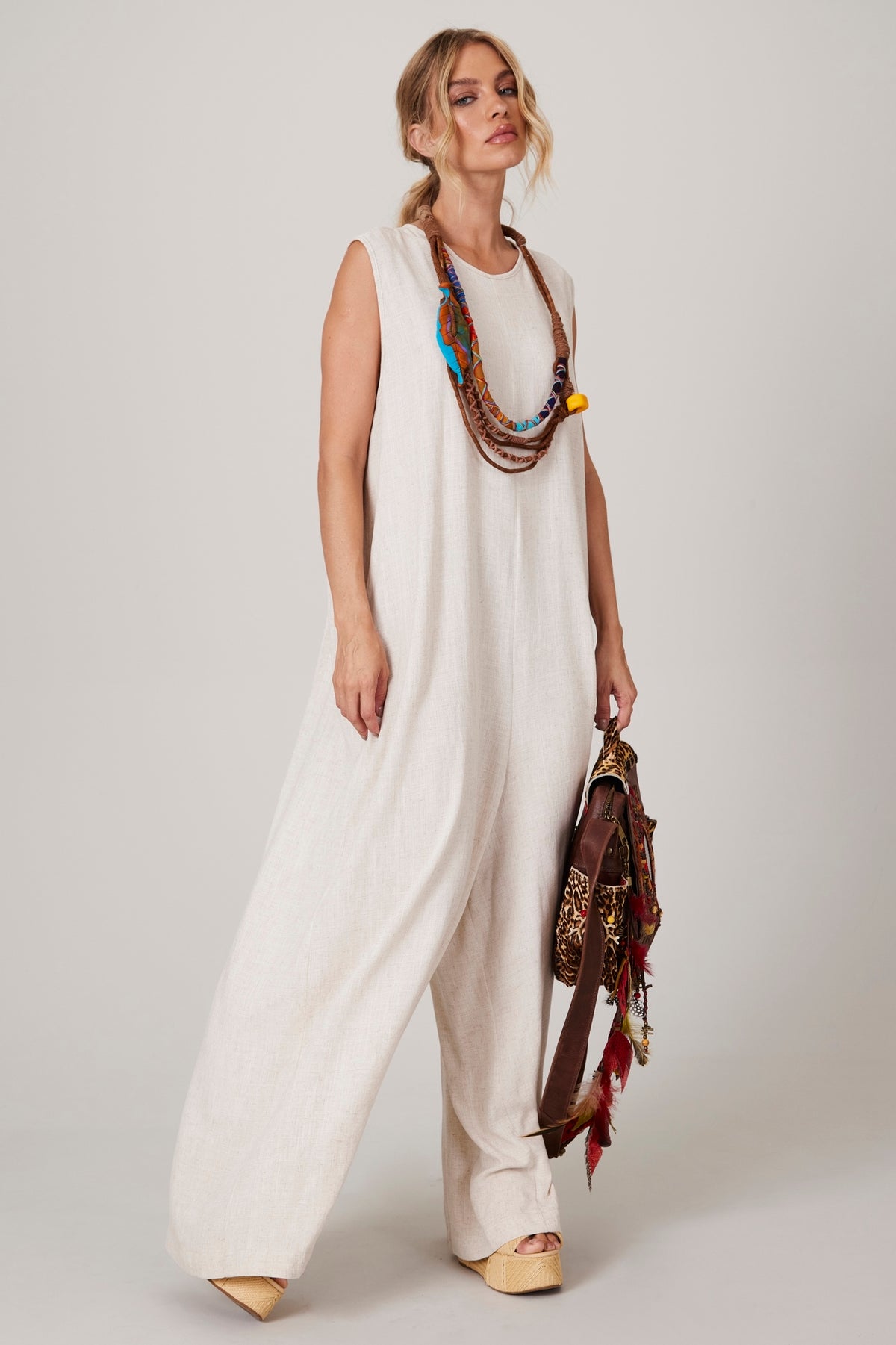 Yacamim Beige Linen Long Jumpsuit