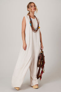 Yacamim Beige Linen Long Jumpsuit