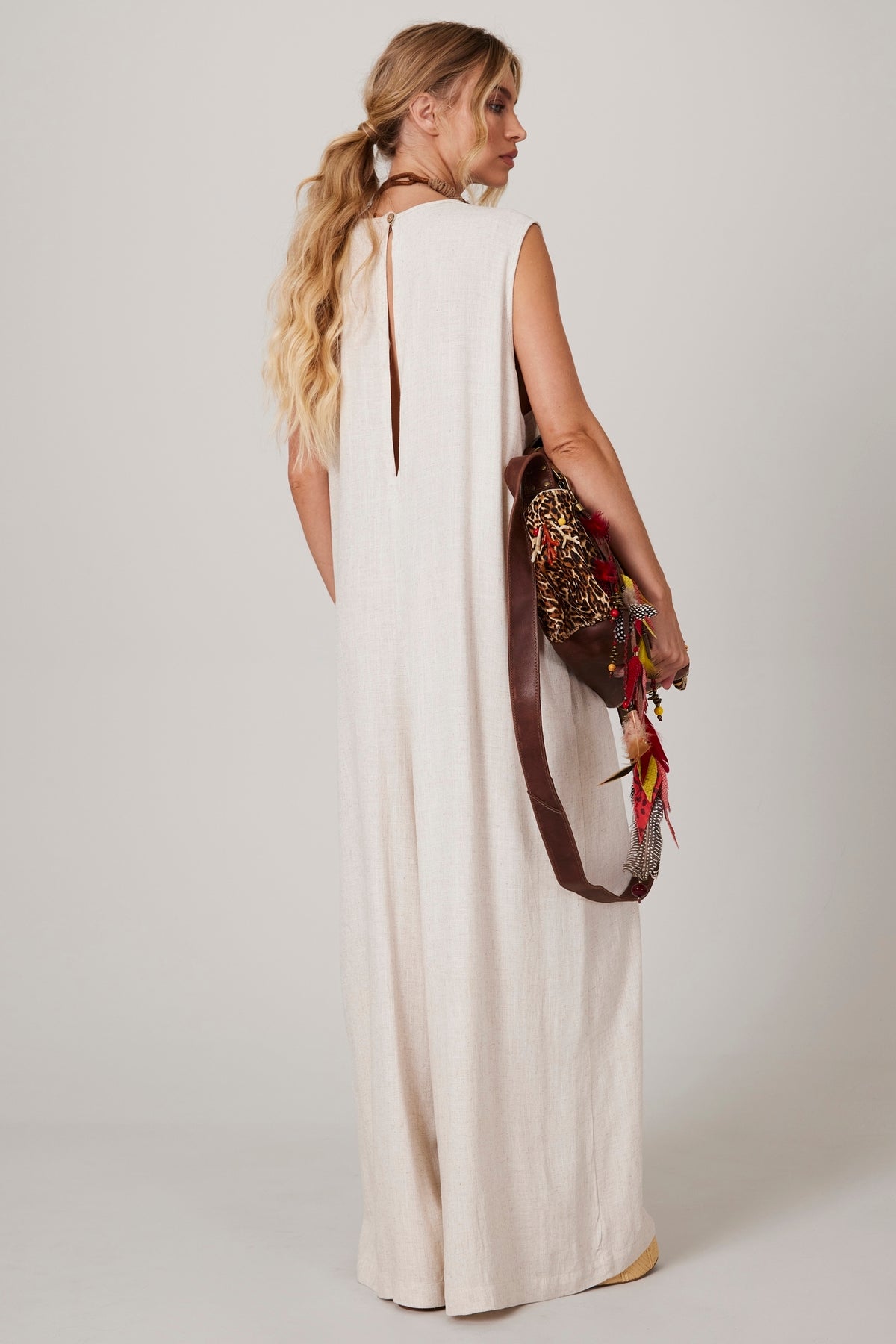 Yacamim Beige Linen Long Jumpsuit