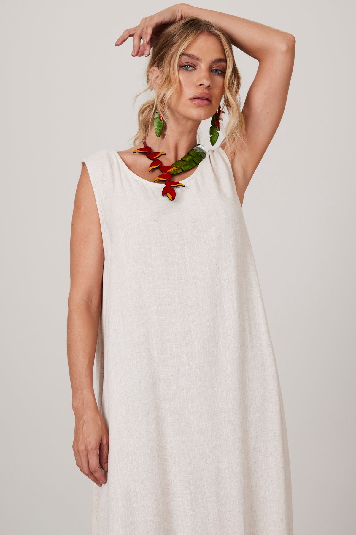 Yacamim D1 Plain Beige Linen Long Tank Dress