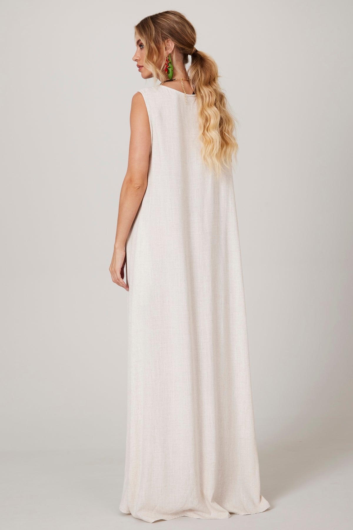 Yacamim D1 Plain Beige Linen Long Tank Dress