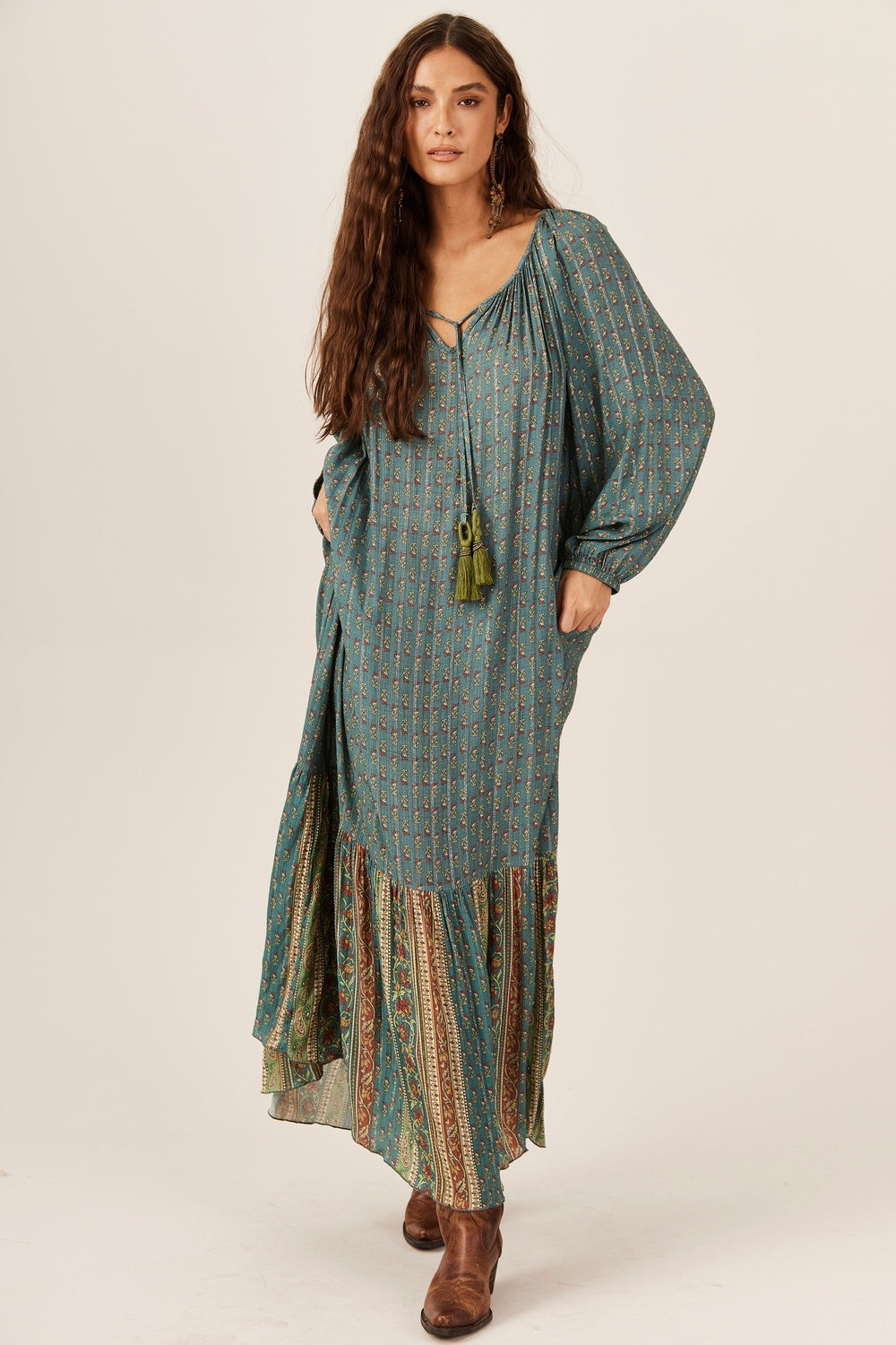 Yacamim E14 Green Patchwork Lurex Long Dress