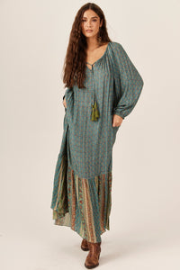 Yacamim E14 Green Patchwork Lurex Long Dress