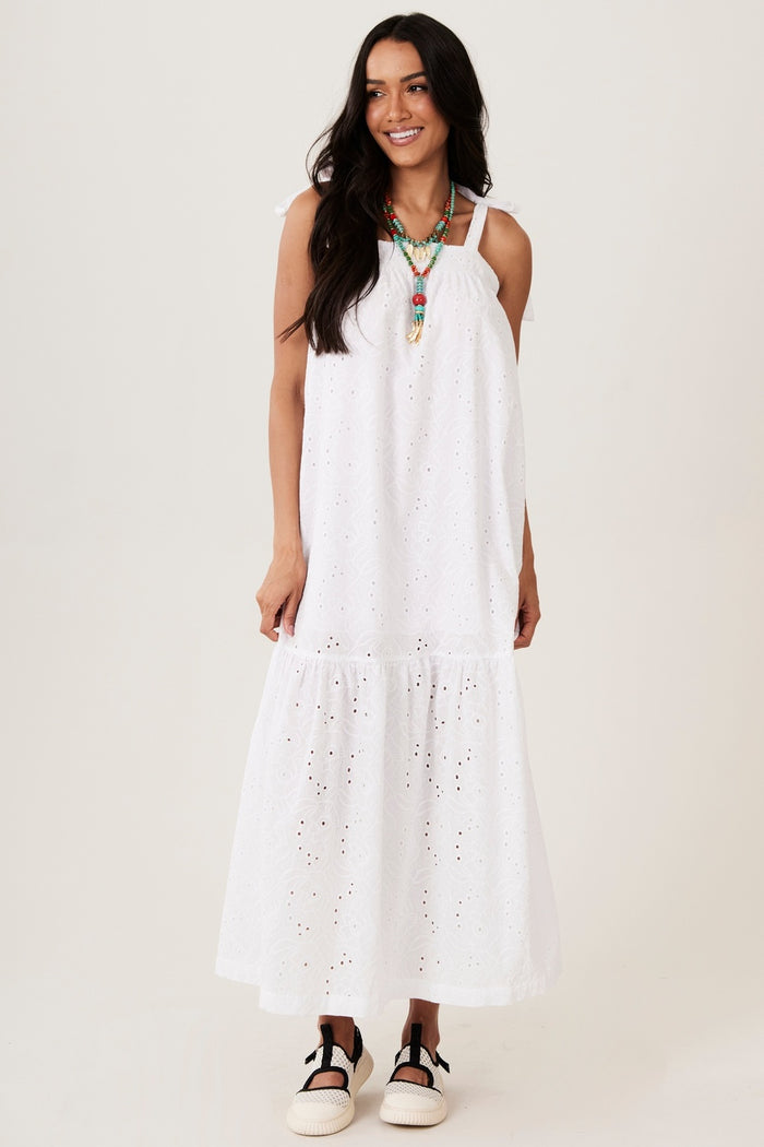 Yacamim D28 White Broderie Long Strappy Dress