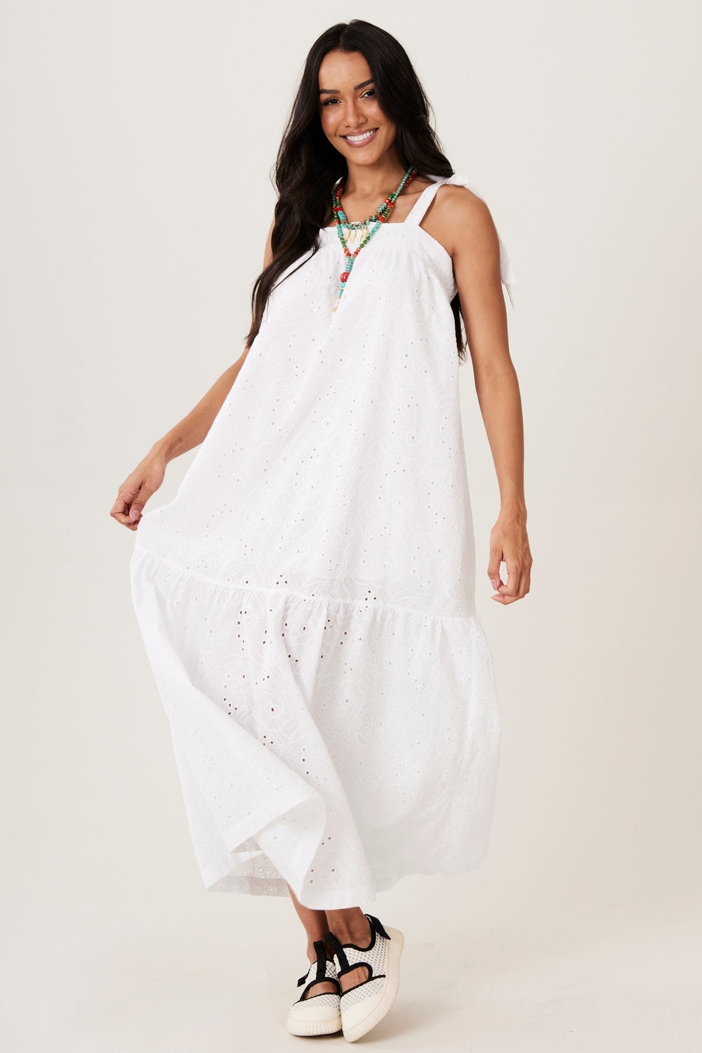 Yacamim D28 White Broderie Long Strappy Dress