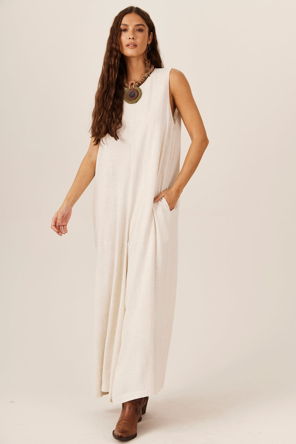 Yacamim Women's Beige Long Wide-Leg Jumpsuit with Pockets O3