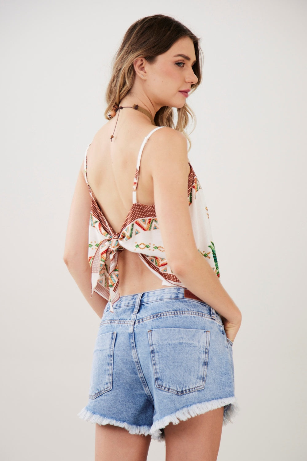 Yacamim Beige Scarf Cropped Top Exclusive Print F2