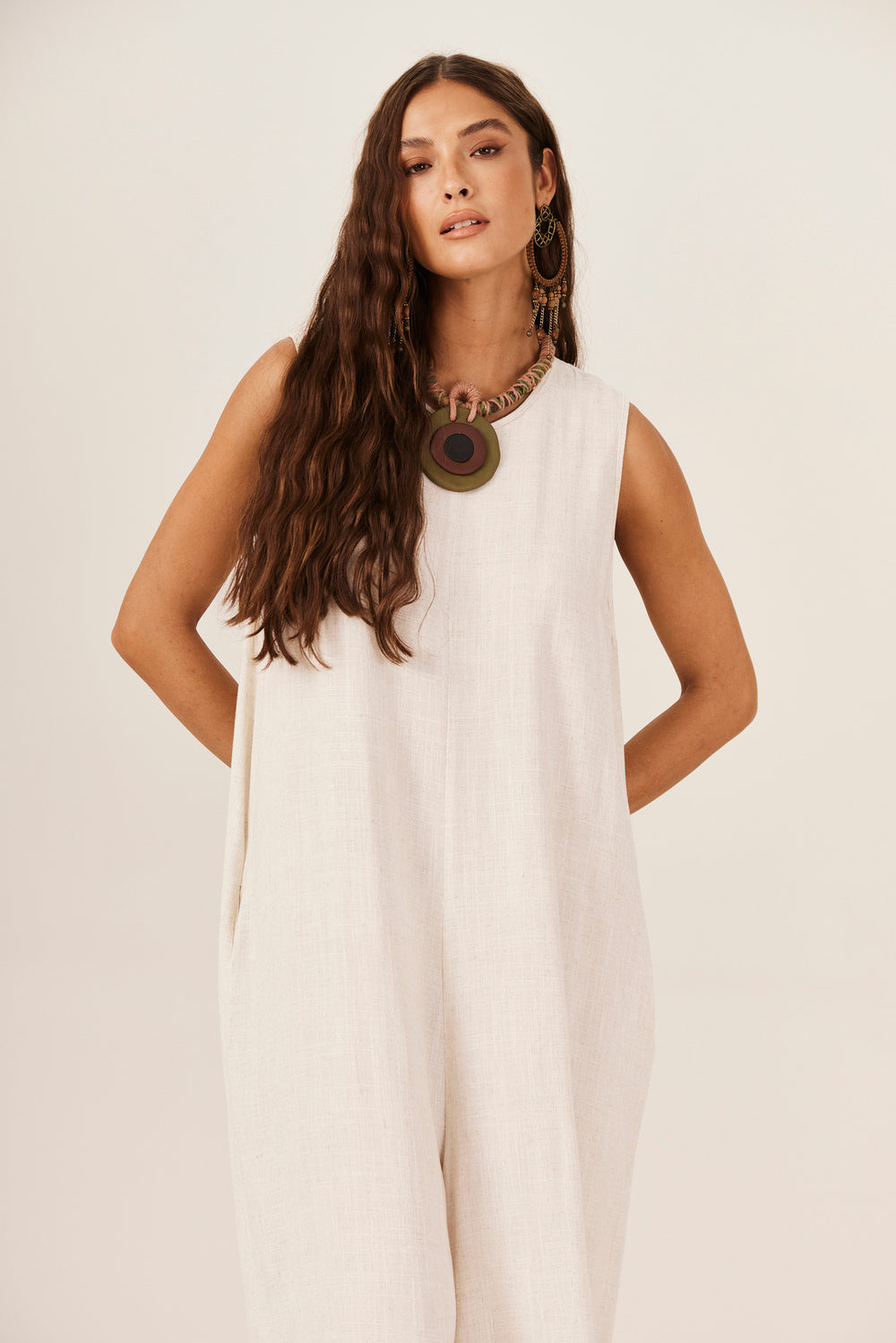 Yacamim Women's Beige Long Wide-Leg Jumpsuit with Pockets O3