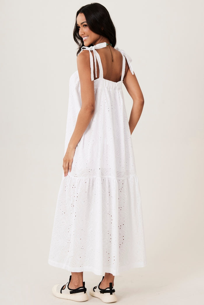 Yacamim D28 White Broderie Long Strappy Dress