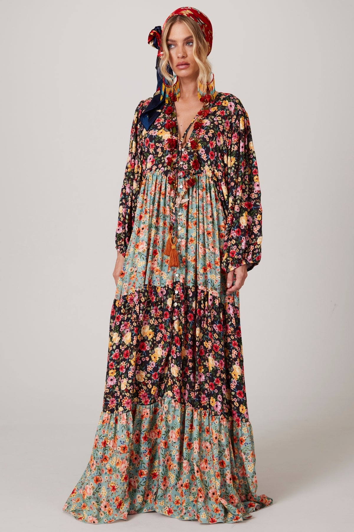Patchwork Print Long Dress with Puffy Sleeves Yacamim K1