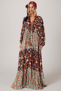 Patchwork Print Long Dress with Puffy Sleeves Yacamim K1