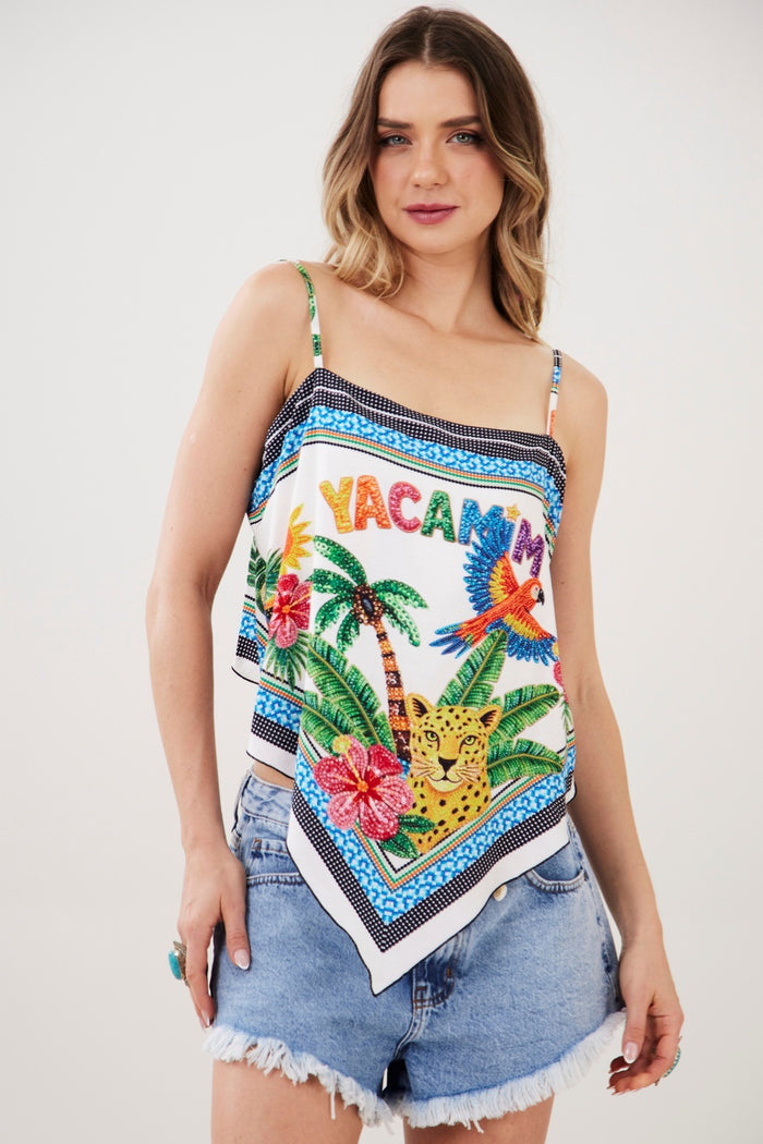 White Scarf Cropped Top Yacamim Exclusive Print F8