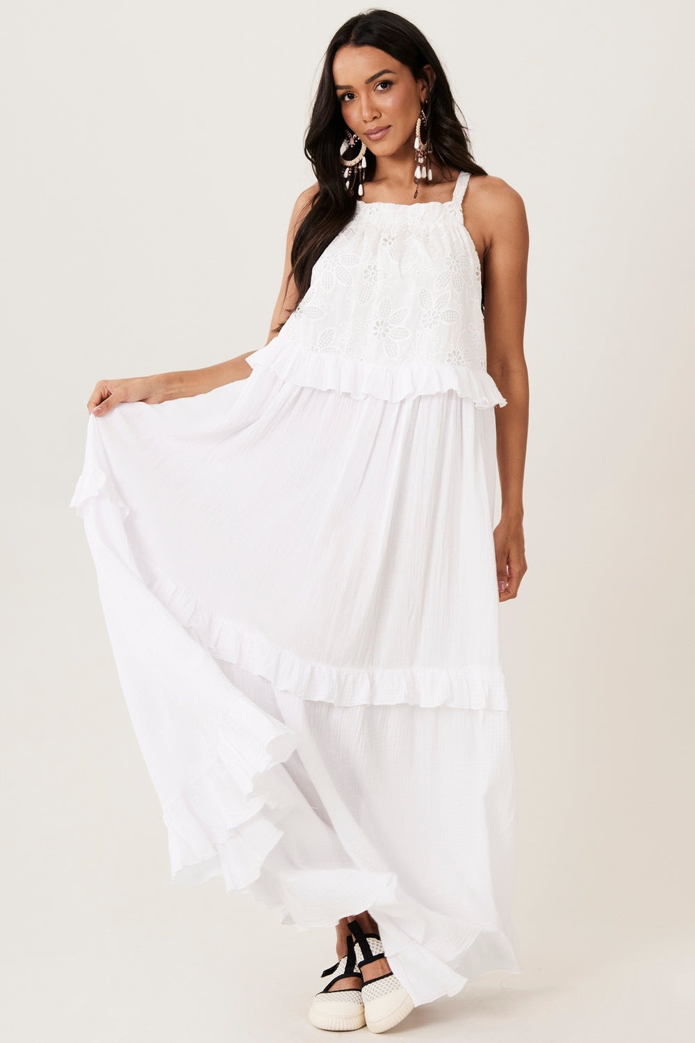 Yacamim Women's White Wide Long Dress With Straps, Lace, And Ruffles C21