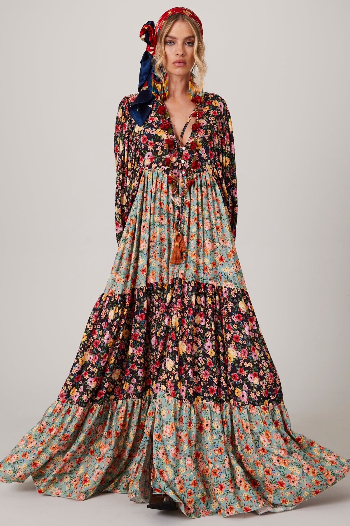Patchwork Print Long Dress with Puffy Sleeves Yacamim K1
