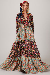 Patchwork Print Long Dress with Puffy Sleeves Yacamim K1