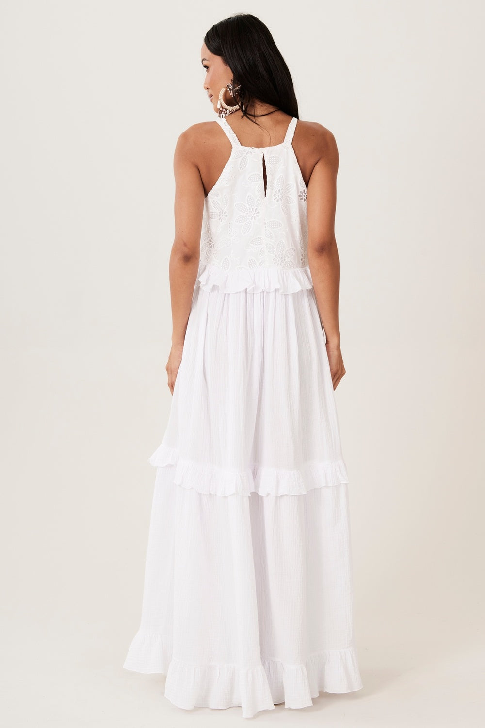 Yacamim Women's White Wide Long Dress With Straps, Lace, And Ruffles C21