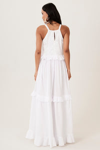 Yacamim Women's White Wide Long Dress With Straps, Lace, And Ruffles C21