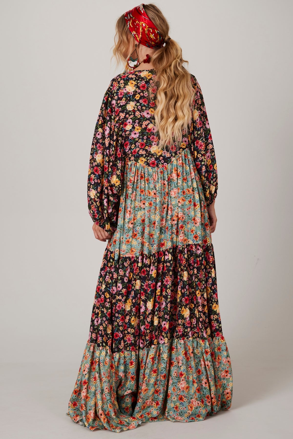 Patchwork Print Long Dress with Puffy Sleeves Yacamim K1