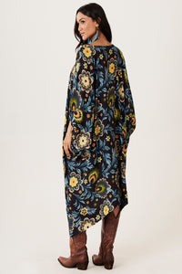 Loose Kaftan with Long Sleeves Black Floral Yacamim I10