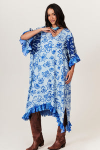 Yacamim J4 Printed Blue V-Neck Loose Kaftan