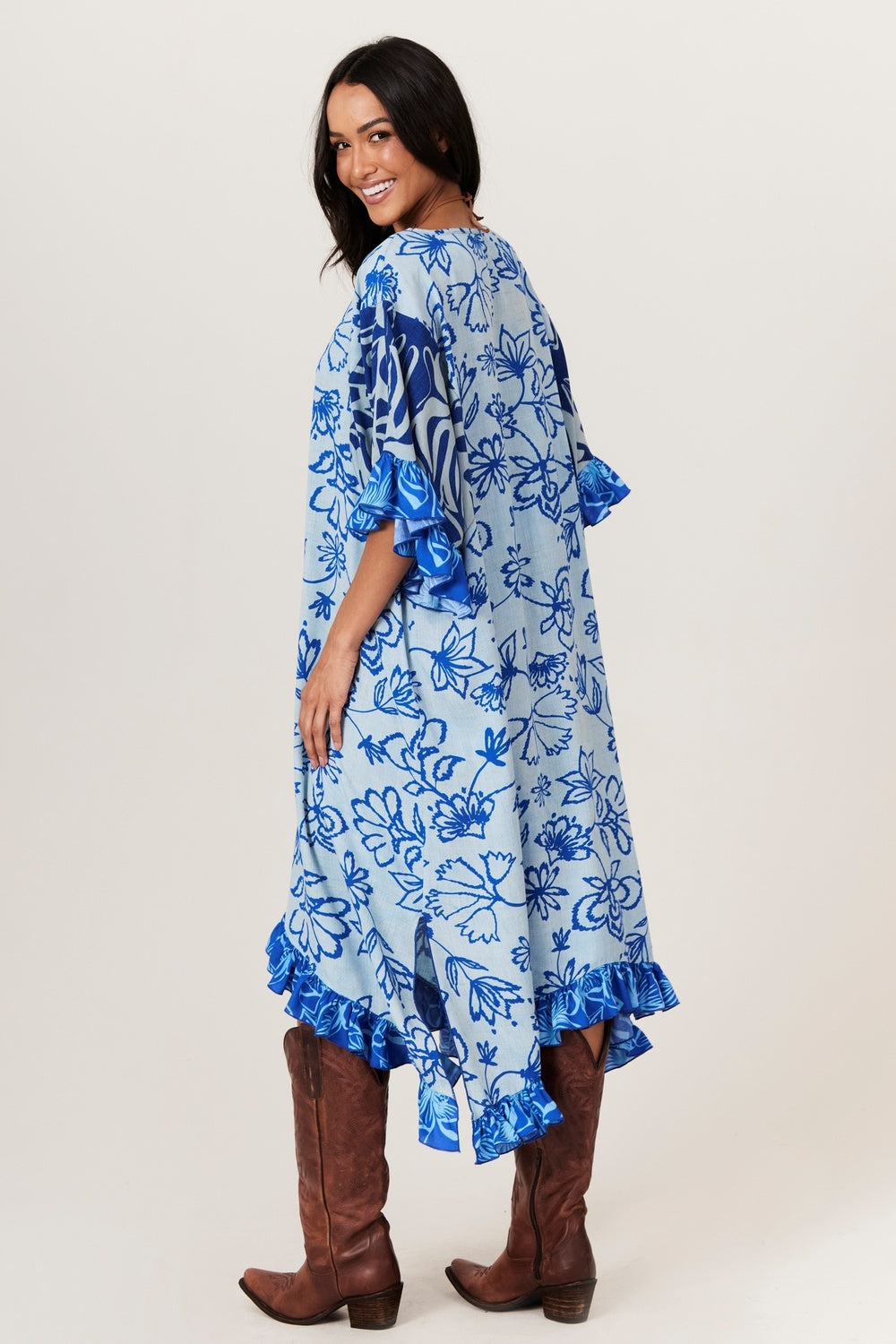 Yacamim J4 Printed Blue V-Neck Loose Kaftan
