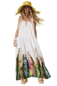 Long White Printed Dress "Pira Omomba'e Yacamim" Collection C7