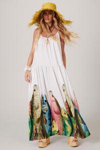 Long White Printed Dress "Pira Omomba'e Yacamim" Collection C7