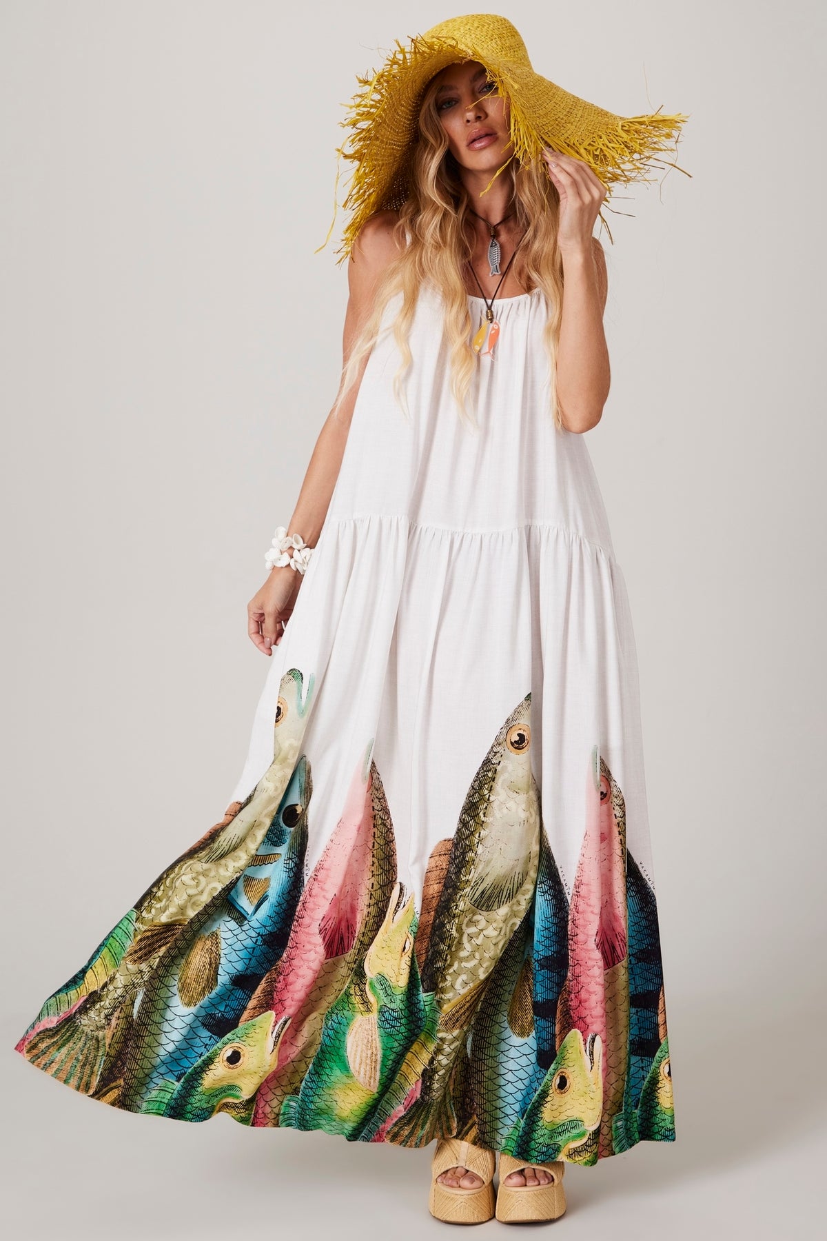 Long White Printed Dress "Pira Omomba'e Yacamim" Collection C7