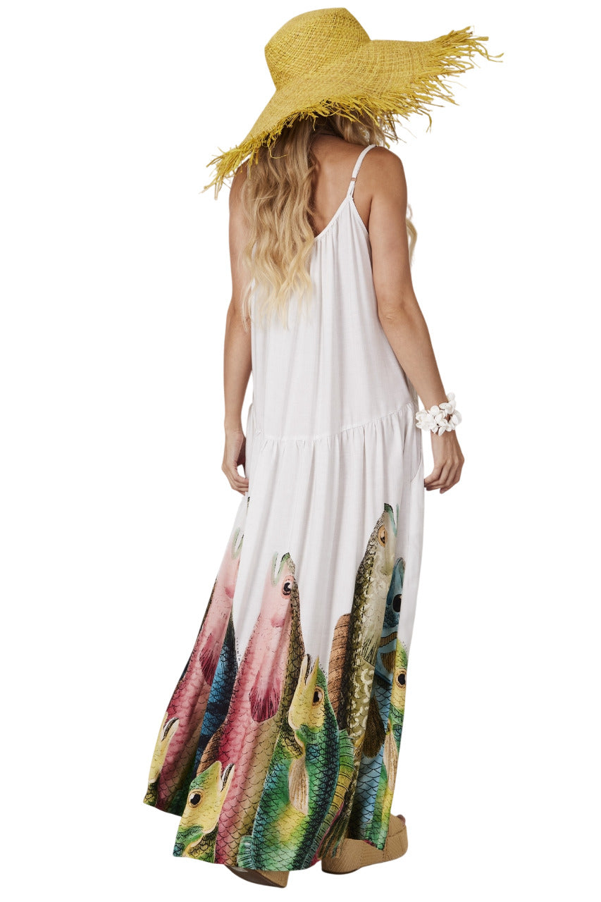 Long White Printed Dress "Pira Omomba'e Yacamim" Collection C7