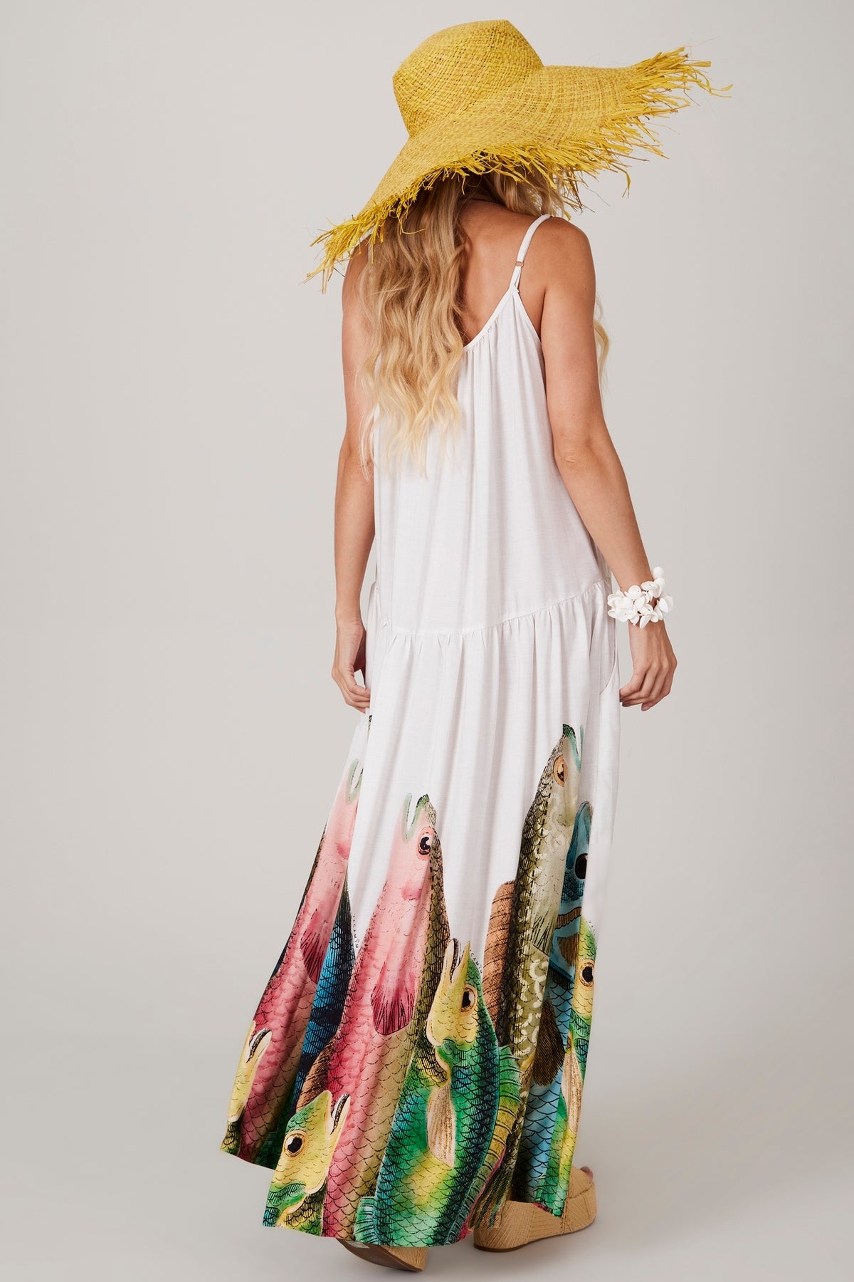 Long White Printed Dress "Pira Omomba'e Yacamim" Collection C7