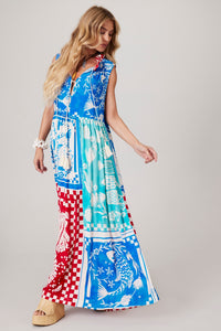 Blue and Red Sleeveless Long Dress "Pira Omomba'e Yacamim" Collection Q3