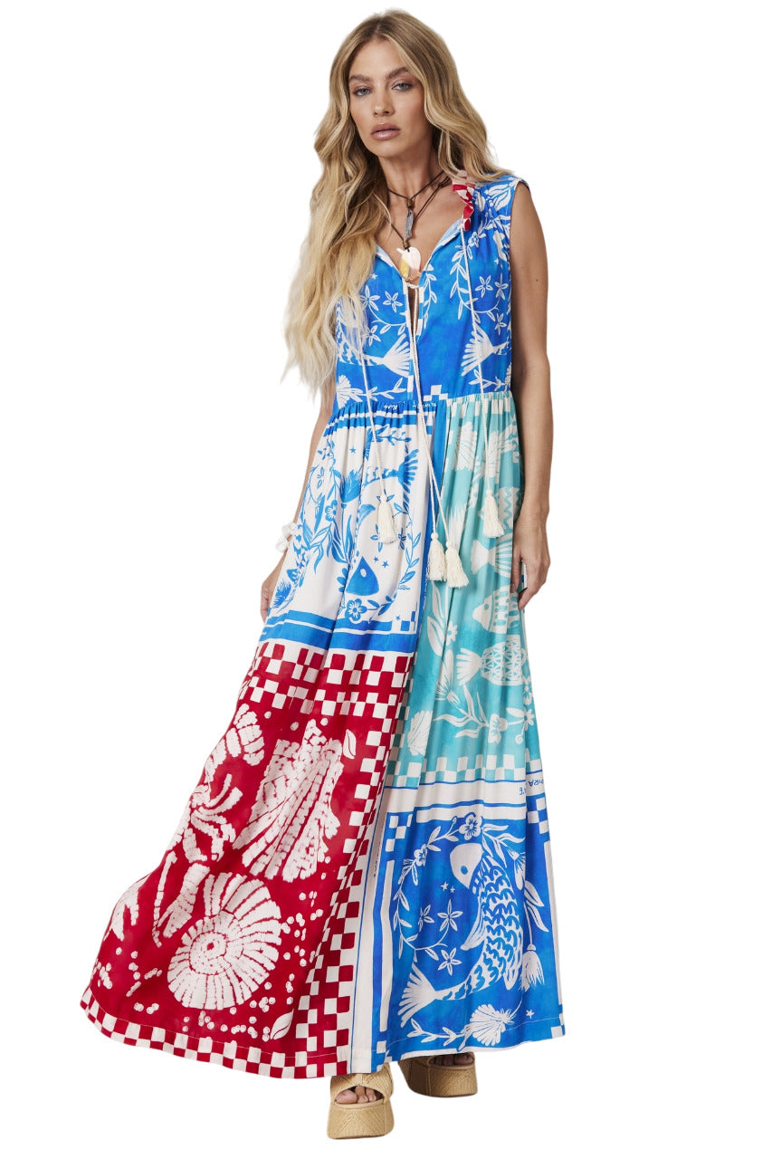 Blue and Red Sleeveless Long Dress "Pira Omomba'e Yacamim" Collection Q3
