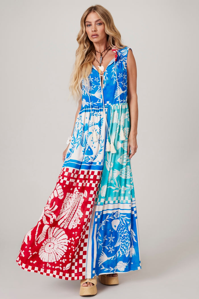 Blue and Red Sleeveless Long Dress "Pira Omomba'e Yacamim" Collection Q3