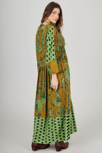 Yacamim E7 Green Patchwork Print Loose Midi Dress