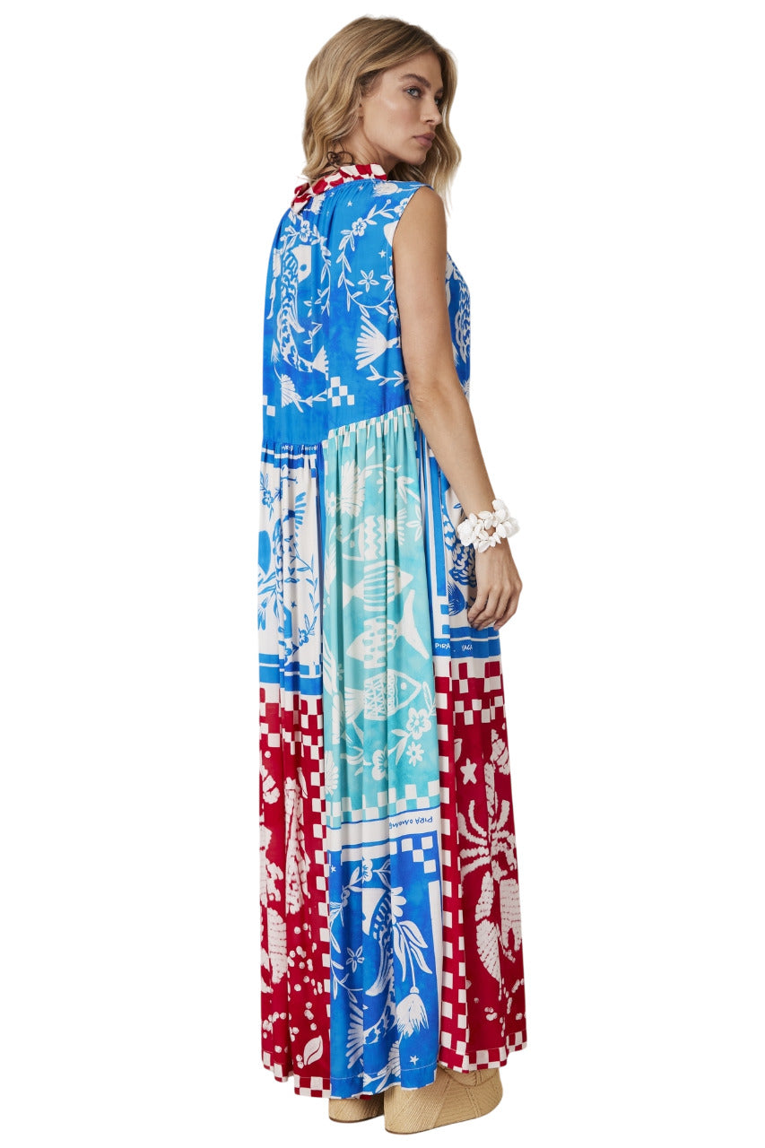Blue and Red Sleeveless Long Dress "Pira Omomba'e Yacamim" Collection Q3