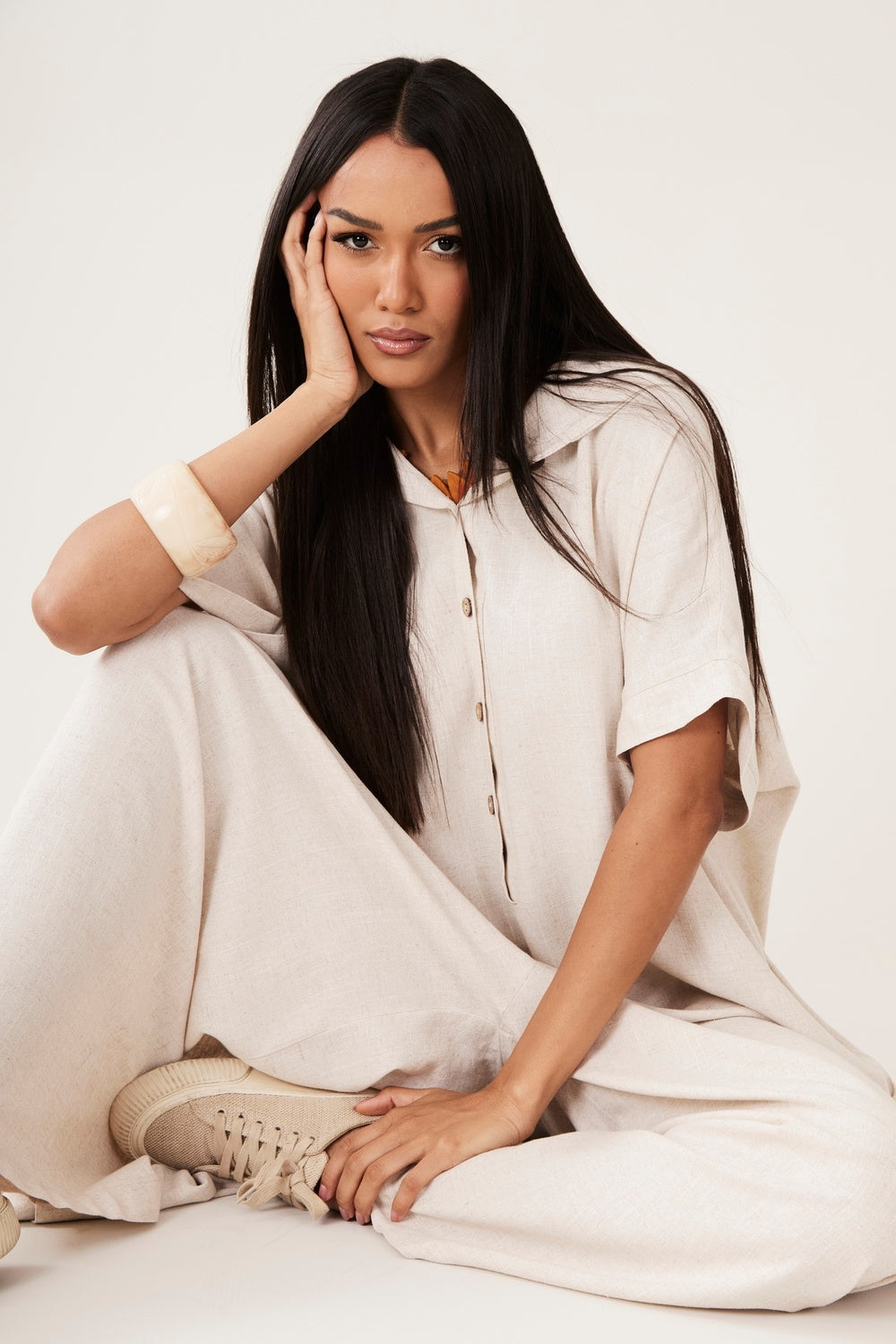 Yacamim O6 Beige Long Jumpsuit with Hood